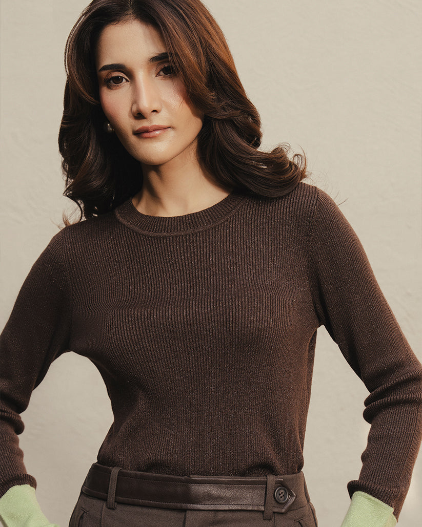 Brown Ribbed-Knit